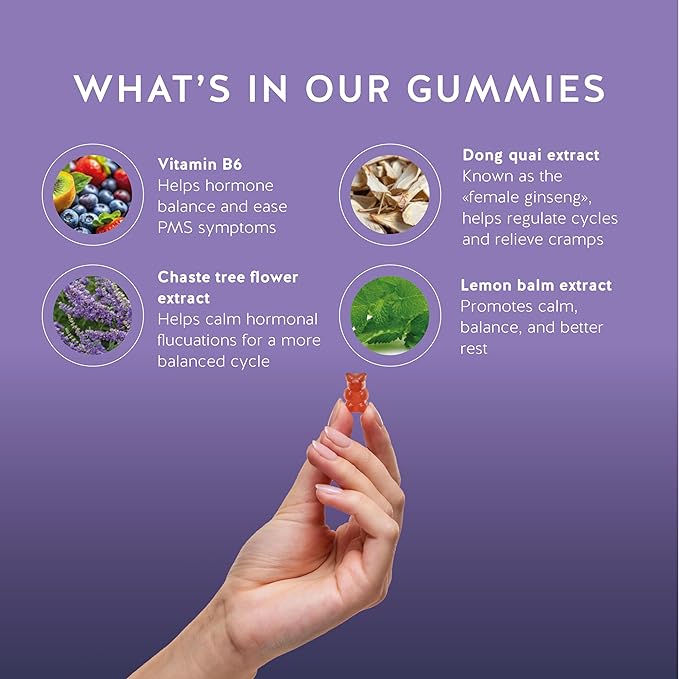 PMS Support Supplement for Women. Menstrual Relief Gummies to Target Hormonal Breakouts, Bloating, Period Cramps, & Mood Swings. Vegan, with Vitamin B6 & Lemon Balm, 30 Gummies
