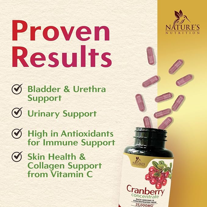 Cranberry Concentrate Extract Supplement for Women & Men + Vitamin C - 25,000mg Formula for Urinary Tract Health Support, Non-GMO and Gluten Free, Cranberry Pills Supplement - 60 Capsules