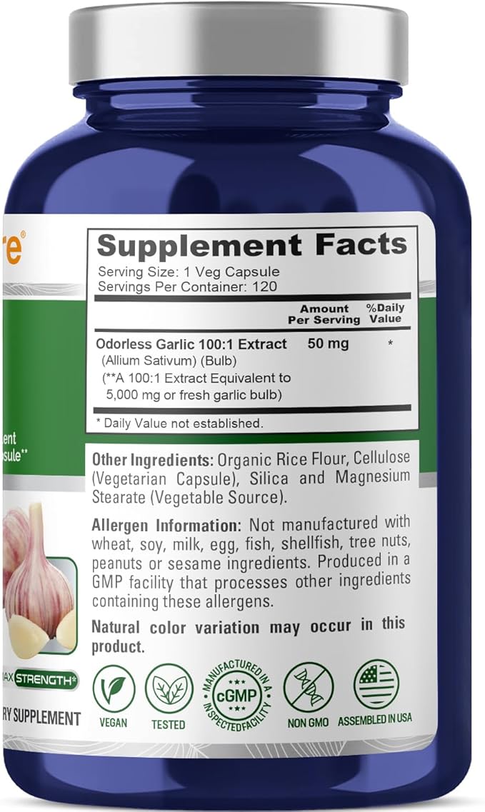 NusaPure Odorless Garlic 100:1 Extract, 50 mg Equivalent to 5000mg Capsule | 120 Veggie Caps | High Potency | Herbal Supplement | Non-GMO