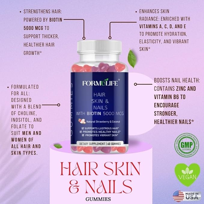 Hair Skin and Nails Gummies - Supports Healthy Hair, for Men & Women, Vegan Biotin Vitamins, Hair Growth, Stronger Nails, Healthy Skin, Made in USA, 60 Count