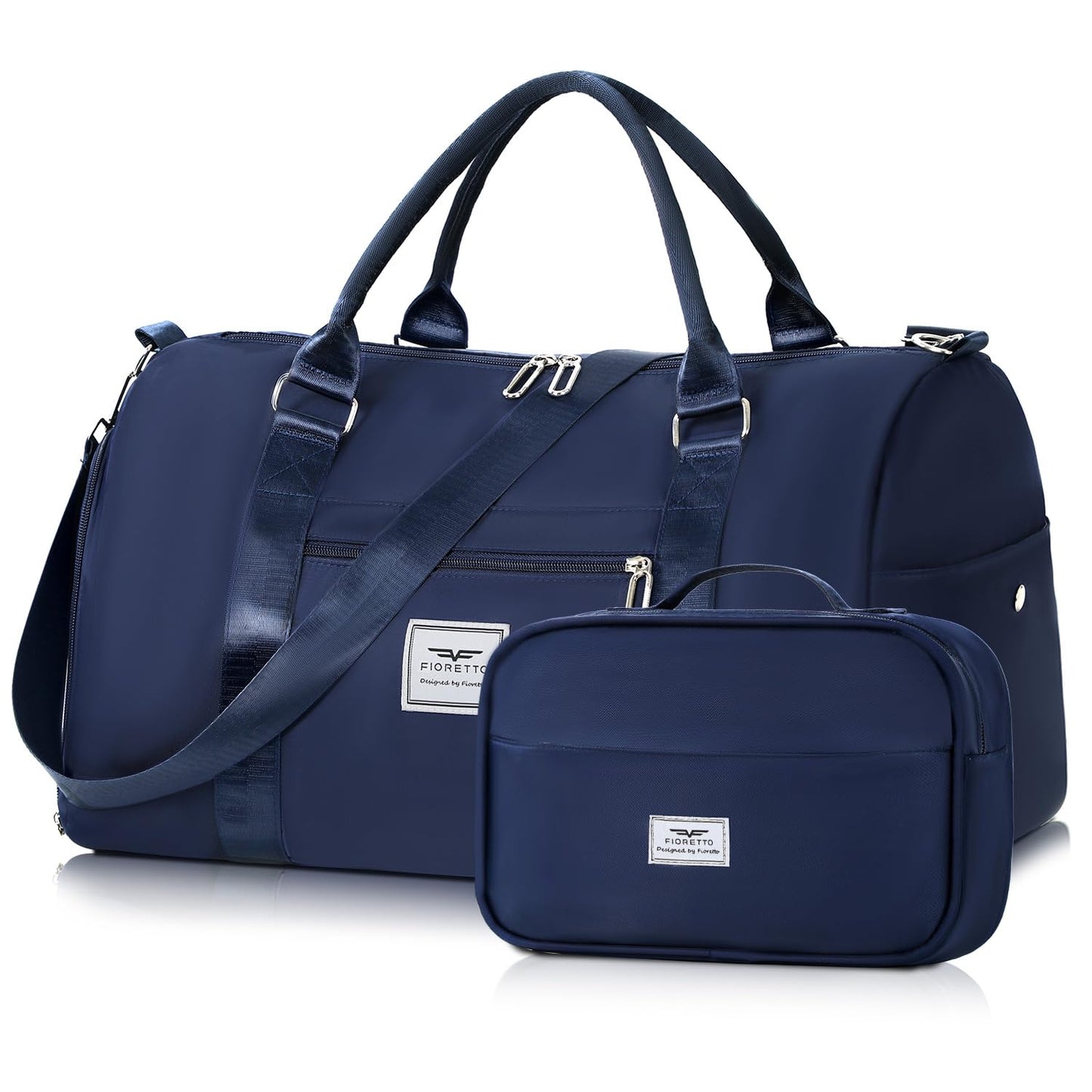 FIORETTO Womens Gym Tote Duffle Bag with Toiletry Bag, Sports Duffel Overnight Hospital Workout Carry on Bag for Girls with Wet Pocket & Shoe Compartment, Ideal for Travel, Swimming, Dance Navy Blue