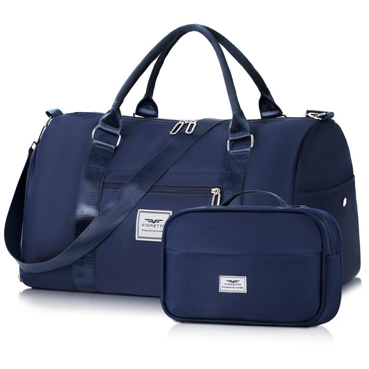 FIORETTO Womens Gym Tote Duffle Bag with Toiletry Bag, Sports Duffel Overnight Hospital Workout Carry on Bag for Girls with Wet Pocket & Shoe Compartment, Ideal for Travel, Swimming, Dance Navy Blue