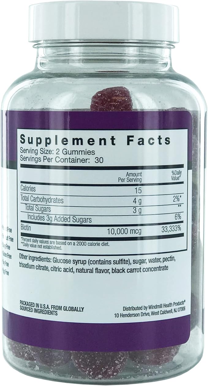 Windmill Health Products Rejuvicare Biotin Gummies- 10,000mcg, 30 servings, One Color, Berry, 60 Count