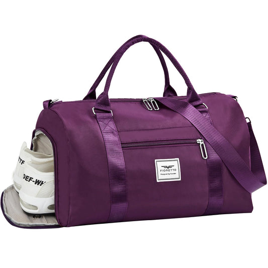 FIORETTO Womens Gym Tote Duffle Bag with Wet Pocket & Shoe Compartment, Sports Duffel Overnight Weekender Hospital Workout Carry on Bag for Girls, Ideal for Travel, Swimming, Dance, Ballet Dark Purple