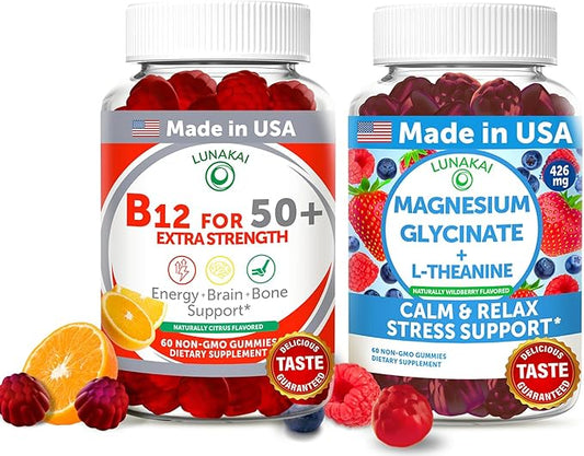 Lunakai USA Made Vitamin B12 for Adults 50+ & Magnesium Glycinate Gummies Bundle, Supports Energy, Mood, Relaxation & Stress Relief, Non-GMO, Vegan, 60ct Each