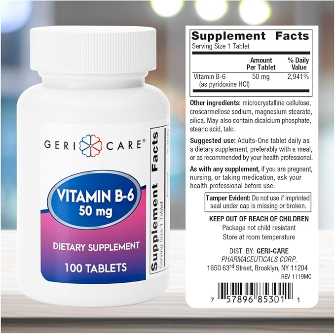 GeriCare Vitamin B-6 50mg Daily Nutritional Support for Healthy Brain Function, Helps Metabolism, Energy and Nervous System Health, 100 Count (Pack of 1)