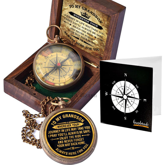 Gift for Grandson Brass Compass with Box Engraved Quote | Memory Present to My Grandson Birthday, Baptism, Graduation, Confirmation, Love, Gift idea by Grandpa Grandma, Greeting Card