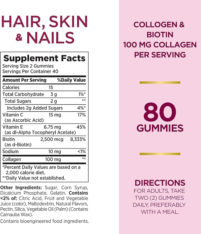 Nature's Bounty Optimal Solutions Hair, Skin & Nails with Biotin and Collagen, Citrus-Flavored Gummies Vitamin Supplement, 2500 mcg, 80 Ct (Pack of 2)