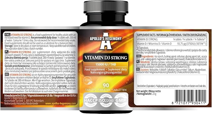 APOLLO'S HEGEMONY Vitamin D3 Strong - 3750 IU Per Serving - 90 Vegan Tablets - Provides 360 Servings - Supports Bone Health and Immune Function -Vitamin D3 Dietary Supplement