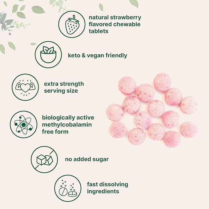 Micro Ingredients Vitamin B12 1,000mcg | Methyl B12 Active Form | 365 Chewable Tablets | Fast Dissolve, Natural Strawberry Flavor | Supports Energy Health | Vegan, Non-GMO, Gluten Free