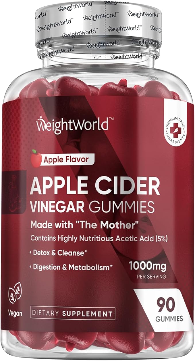 WeightWorld Apple Cider Vinegar Gummies with The Mother 1000mg - 90 Gummies - Added Vitamin B6, B12, B9 (Folic Acid) & C for Detox, Cleanse, Digestion & Metabolism - Delicious Natural Apple Flavor