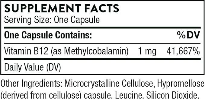 THORNE Vitamin B12 - as Methylcobalamin - Supports Heart & Nerve Health, Blood Cell Function, Healthy Sleep & Methylation* - Gluten, Dairy & Soy-Free - 60 Capsules