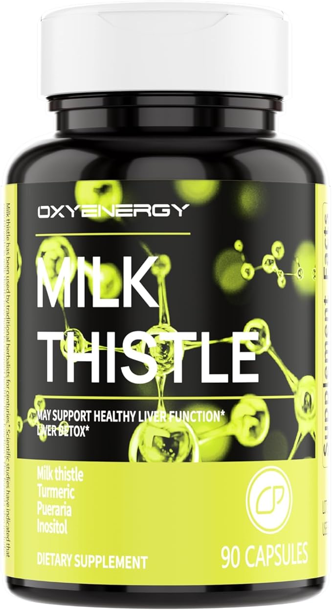 OxyEnergy Silymarin Milk Thistle 300mg Extract with Vitamin C, Inositol & Pueraria, Liver Detox & Repair Support, Antioxidant Support,90 Capsules, Cardo Mariano para el Hígado