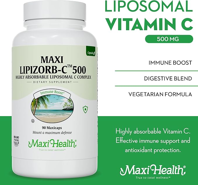 Maxi Health Liposomal Vitamin C 500mg Capsules with Digestive Blend, Highly Absorbable High Dose VitaminC, Non GMO Kosher Vegetarian Doctor-Formulated Immune Support Supplement (90 Count)