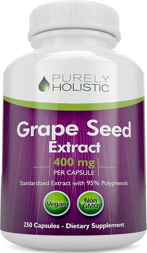 Purely Holistic Grape Seed Extract 20,000mg - 250 Vegan Capsules - 8+ Month Supply - Standardized to 95% Polyphenols - 400 mg per Capsule - Maximum Strength Grapeseed - Non-GMO & Pesticide Free