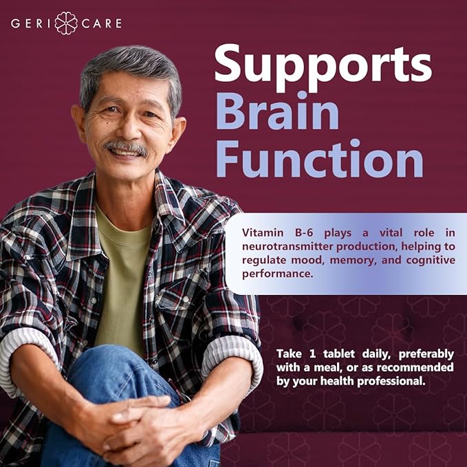 GeriCare Vitamin B-6 100mg, 100 Tablets – Daily Nutritional Support for Healthy Brain Function, Mood Enhancement, Circulatory Health & Metabolism – Helps Combat Fatigue & Promote Overall Wellness