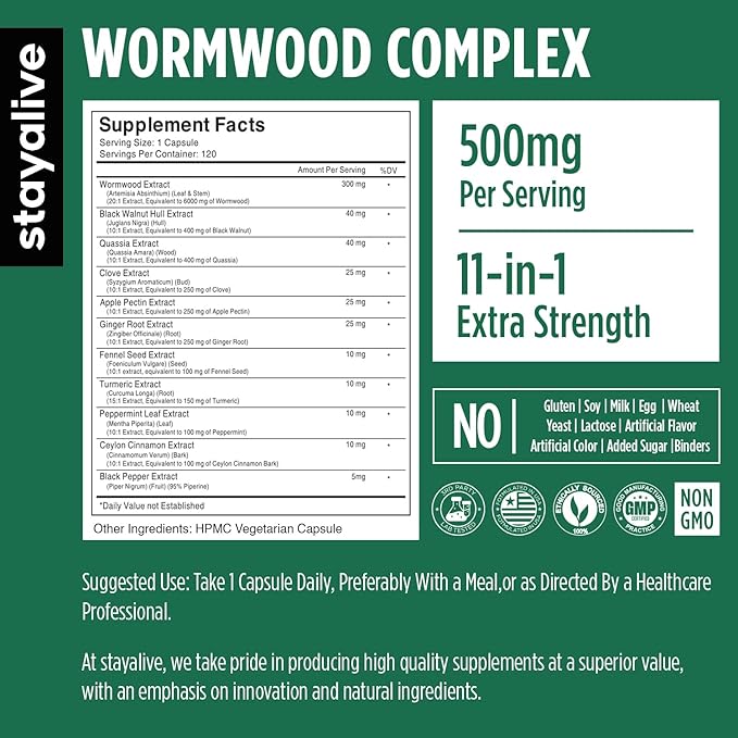 STAY ALIVE Wormwood Black Walnut Clove Cleanse Extract, 11-in-1 Extra Strength Complex, 120 Pills, Herbal Supplement for Adults, Vegan, Non-GMO & Gluten Free Sweet Wormwood Capsules