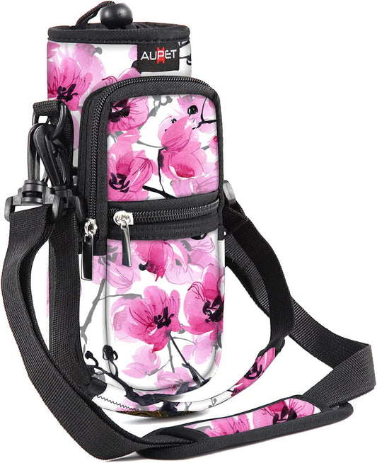 AUPET Water Bottle Sling Bag Sleeve Holder Carrier 25/32/40/64 oz,Insulated Crossbody Water Bottle Case Cover with Strap and Pockets for Men/Women Walking Hiking Camping (25oz, pink flower)