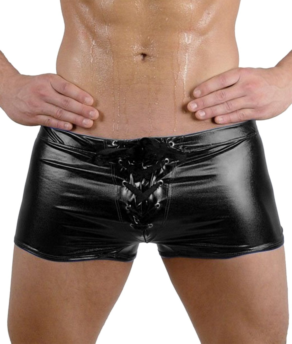 Panegy Men's Sexy Leather Underwear Boxer Briefs Black Fashion Board Shorts with Drawstring Small