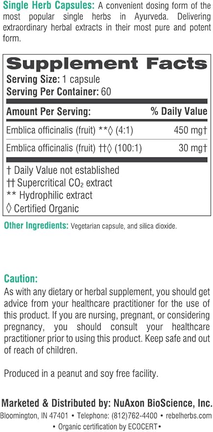 Amla Capsules (Amalaki) - Immune Support, Vegan, Gluten-Free, Ayurvedic, Antioxidant, Certified Organic Amla