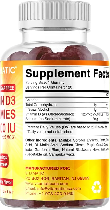 Vitamatic Sugar Free Vitamin D3 5000 IU - 120 Gummies - Great Taste - Healthy Bones, Mood & Immune System Function - Non-GMO - 120 Servings (5000 IU)