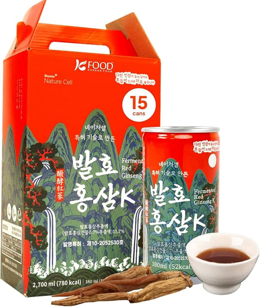 Korean Food Red Ginseng Drink Liquid with with Siberian Chaga Mushroom, 9 Dried Fermented Ginseng, Vegan15 Cans x 180ml (6.08 fl oz Each), Total 2.7L (91.2 fl oz) Naturecell, Great for Gifts, 발효 홍삼K