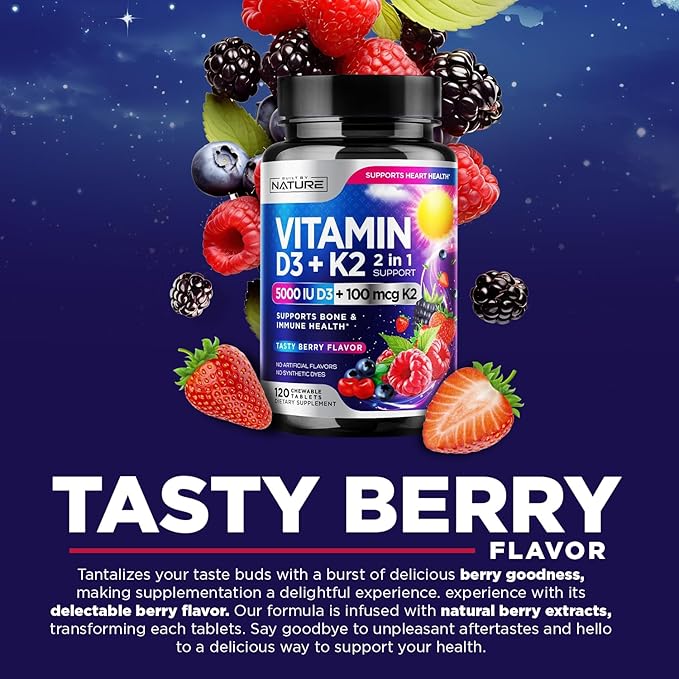 Vitamin D3 K2 – Chewable Vitamin D 5000 IU & K2 MK-7 100 mcg – 2 in 1 Vitamin D K2 Supplement Chews - Immune, Heart, & Bone Support – Non GMO - Tasty Berry Flavor - 120 Chewable Tablets