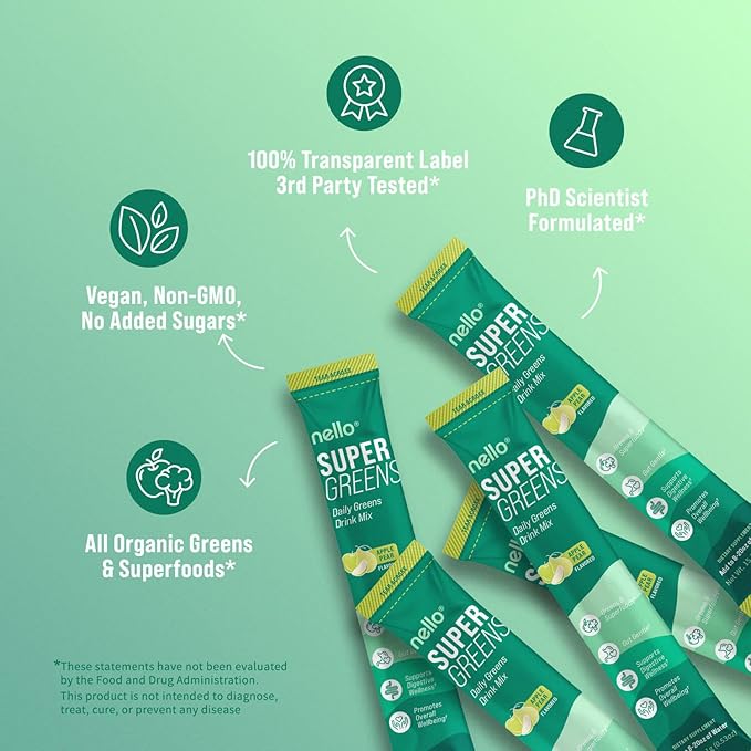 Supergreens Premium Superfood Greens Drink Mix w/Chlorella, Moringa, Spinach & Broccoli + Digestive Enzymes & Probiotic Blend -Nutrient-Packed Powder Wellness (Apple Pear, 20 SRV, Travel Pack)