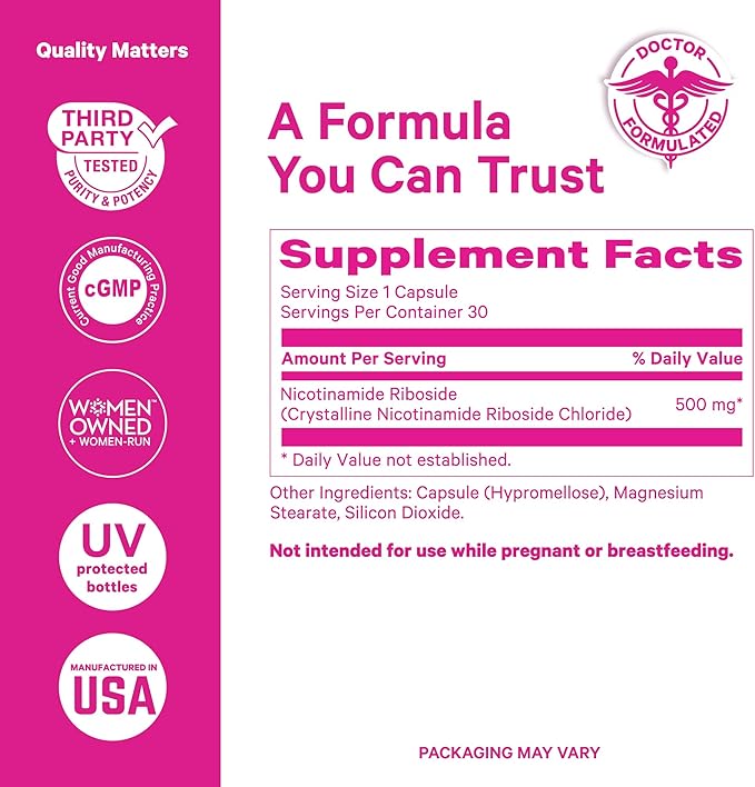 Pink Stork 500 mg NAD+ Supplement for Women - Healthy Aging Support - Cellular Regeneration for Energy, Cognitive Wellness, Skin Health - Clinically Studied Nicotinamide Riboside, 30 Capsules