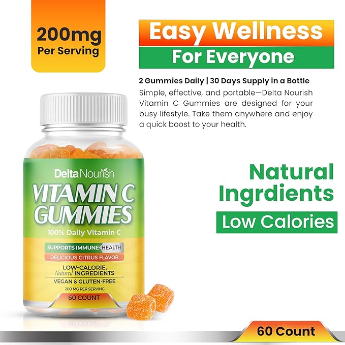 Vitamin C Gummies - Immune Support Supplement - 200mg Vitamin C Per Serving - Non-GMO, Gluten-Free, Natural Citrus Flavor - Antioxidant Support - 60 Gummies (5)