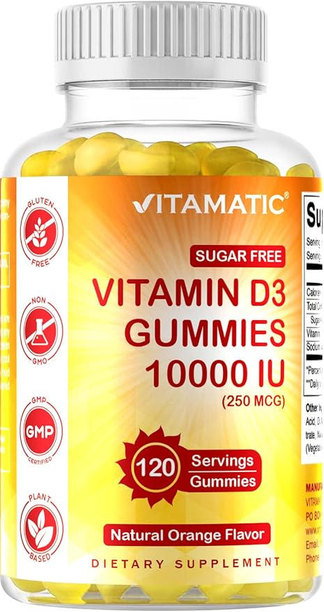 Vitamatic Sugar Free Vitamin D3 10000 IU - 120 Pectin Based Gummies - Great Taste - Healthy Bones, Mood & Immune System Function - Non-GMO - 120 Servings