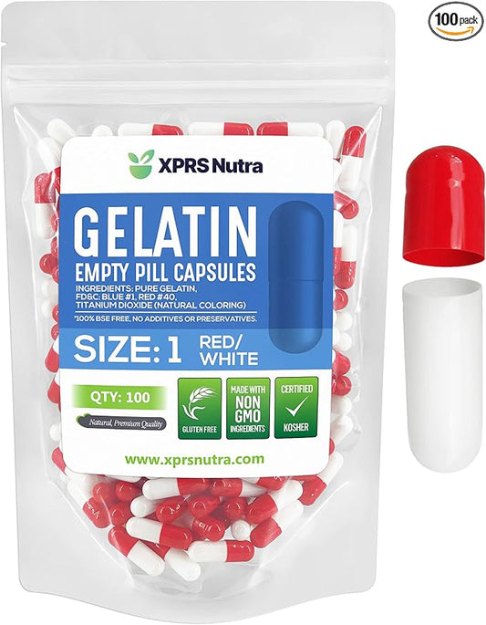 XPRS Nutra Size 1 Empty Capsules - 100 Count Empty Gelatin Capsules - Empty Pill Capsules - DIY Capsule Filling - Pure Bovine Pill Capsules Empty Gel Caps (Red/White)