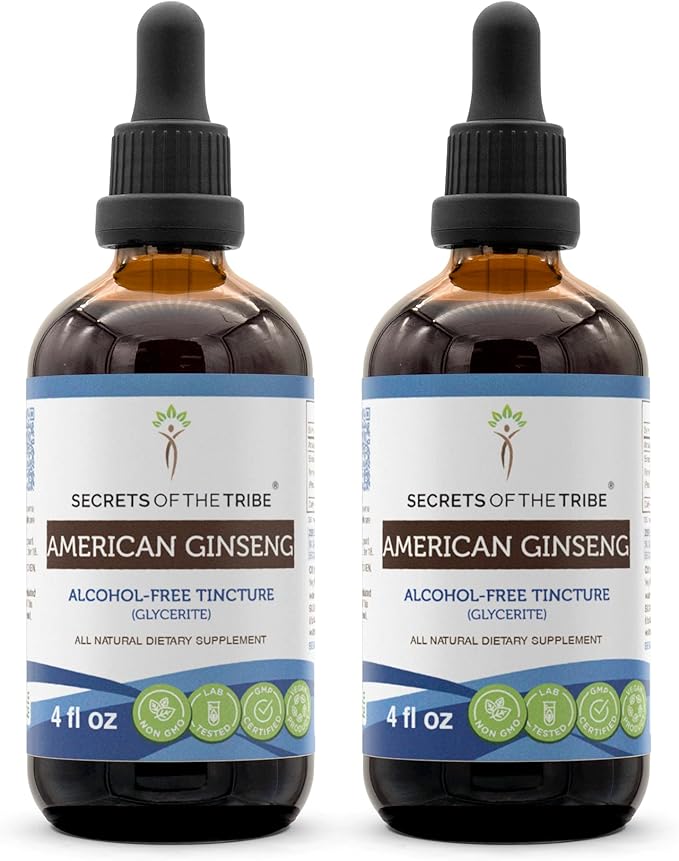 Secrets of the Tribe American Ginseng Tincture Alcohol-Free Extract, Farm Grown American Ginseng (Panax Quinquefolius) Dried Root Tincture Supplement (2x4 FL OZ)