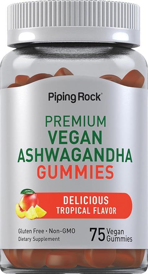 Piping Rock Ashwagandha Gummies Supplement | 75 Count | for Women and Men | Tropical Flavor | Vegan Formula | Non-GMO, Gluten Free