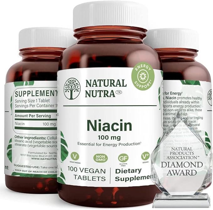 Natural Nutra Niacin Supplement for Energy, Help Maintain Body Fats, Help Improve Digestion, Helps Promotes Skin Health, Boost Energy and Brain Function, Non-GMO, Gluten-Free, 100 mg, 100 Tablets