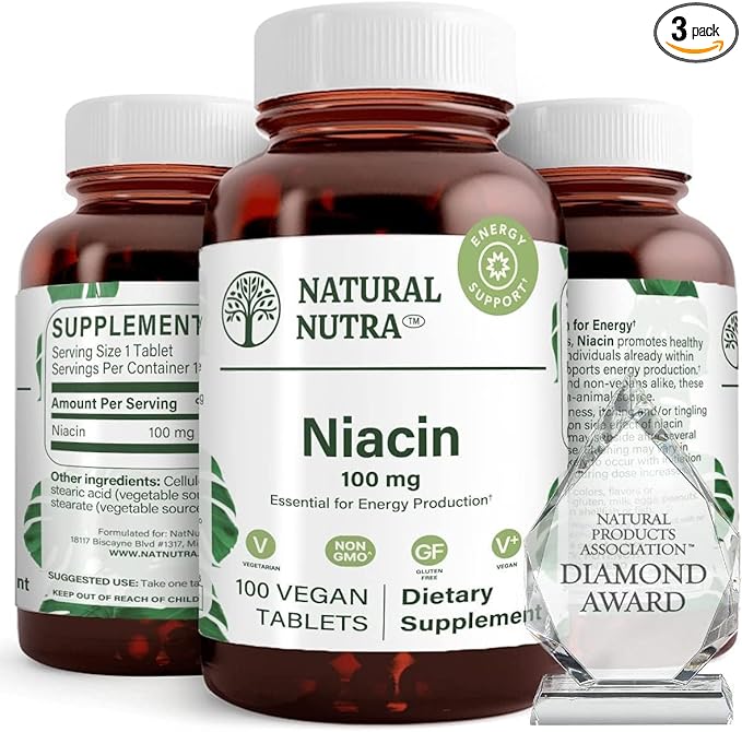 Natural Nutra Niacin Supplement for Energy, Help Maintain Body Fats, Improve Digestion, Promotes Skin Health, Boost Energy and Brain Function, Non-GMO, Gluten-Free, 100 mg, 100 Tablets (Pack of 3)