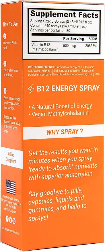 Spectraspray Vegan Vitamin B12 Oral Spray Vitamins - Daily Essential Vitamin with 500 mcg Methyl Form B12, 30 Day Supply per Spray