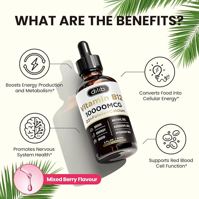 Vitamin B12 Complex 10000 mcg | Vegan Triple Liquid B-12 Drops Sublingual Supplement | Methylcobalamin & Adenosylcobalamin & Hydroxo Blend for Long-Lasting Energy and Healthy Metabolism Berry Flavor