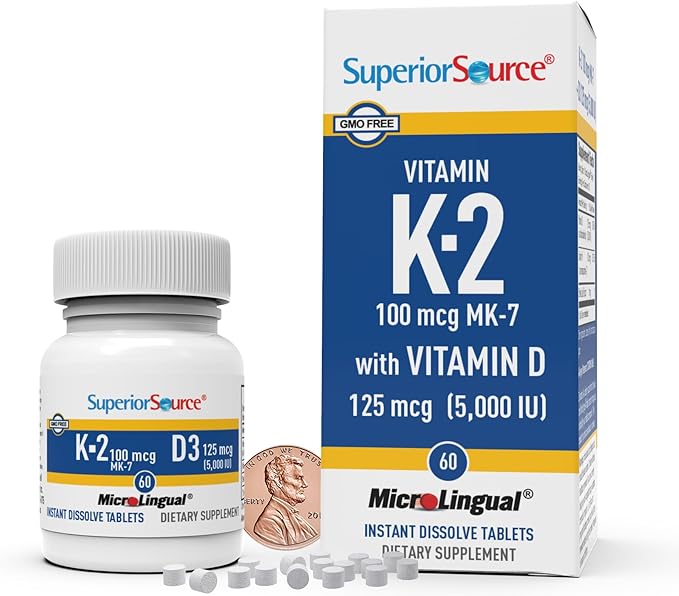 Superior Source Vitamin K-2 100 mcg with Vitamin D3 125 mcg - Bone Strength Support Supplement - Aids Healthy Joints - 60 Sublingual Dissolving Tablets