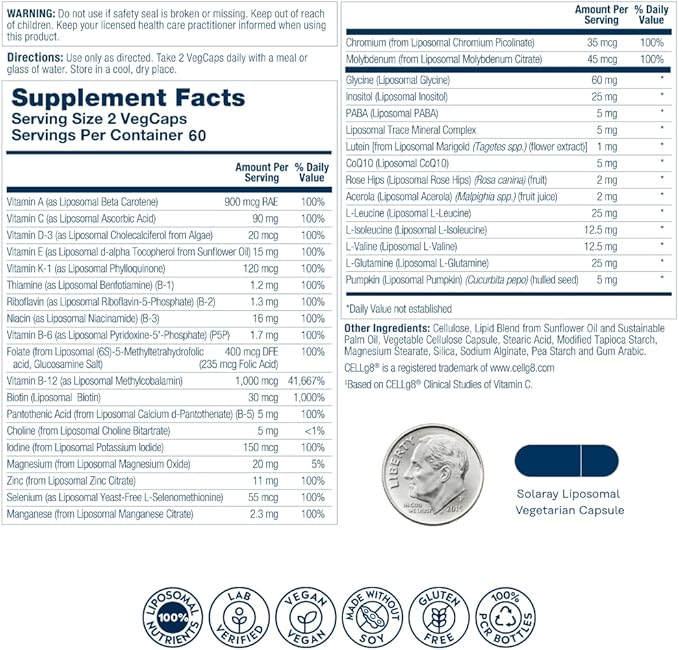 SOLARAY Liposomal Multivitamin for Men, Enhanced Absorption Immune, Energy & Bone Support Supplement, Mens Daily Multi Vitamin, BCAAs, Vitamin D3, C, B12, Zinc, Vegan, Soy Free, 60 Serv, 120 VegCaps