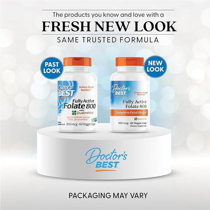 Doctors Best Fully Active Folate 800 with Quatrefolic, Supports Fetal Health, Non-GMO, Gluten Free, Vegan 60 Veggie Caps