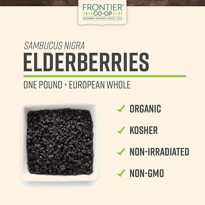 Frontier Co-op Organic Dried Elderberries, 1lb Bulk Bag, European Whole | Kosher and Non-GMO Organic Elderberry Berries Dried, for Tea, Immune Support