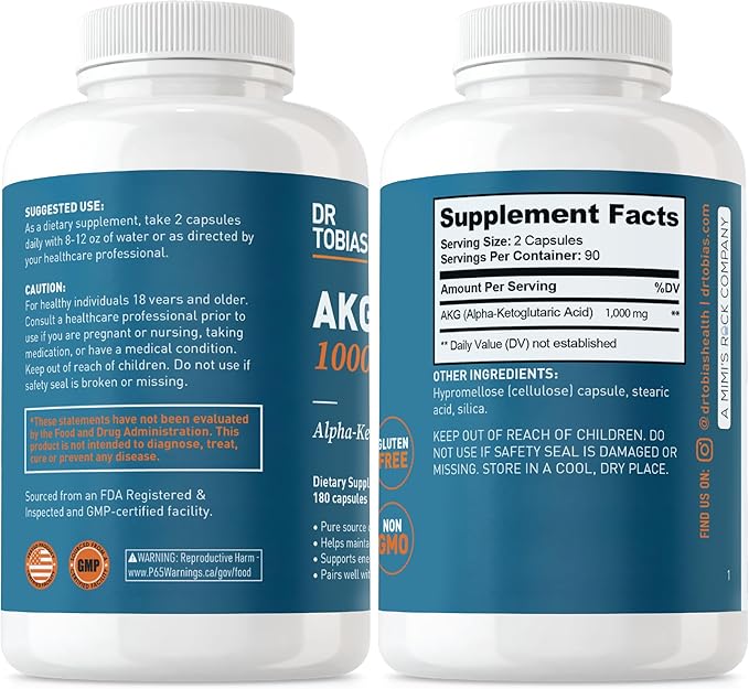 Dr. Tobias AKG Supplement & Vitamin D3 - Optimize Cellular Energy & Bone Health with High-Potency Vitamin D & Bioavailable AKG, Non-GMO