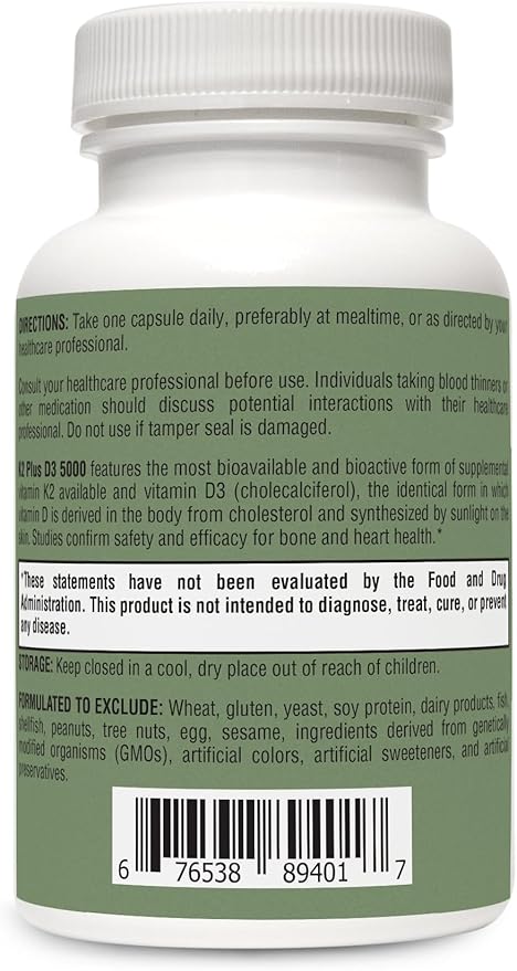 RetzlerRx® - Vitamin K2 Plus D3 5000 - Bioavailable Vitamin D 5000 IU (Cholecalciferol) with Vitamin K2 MK-7 - Heart, Arterial, Bone Health + Immune Support Supplement (60 Capsules)