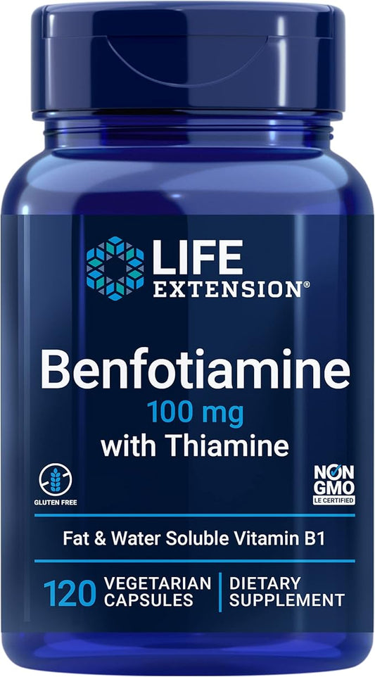 Life Extension Benfotiamine with Thiamine, Fat & Water Soluble Vitamin B1, Gluten Free, Healthy Metabolism, Non-GMO, Vegetarian, 100 mg, 120 Vegetarian Capsules