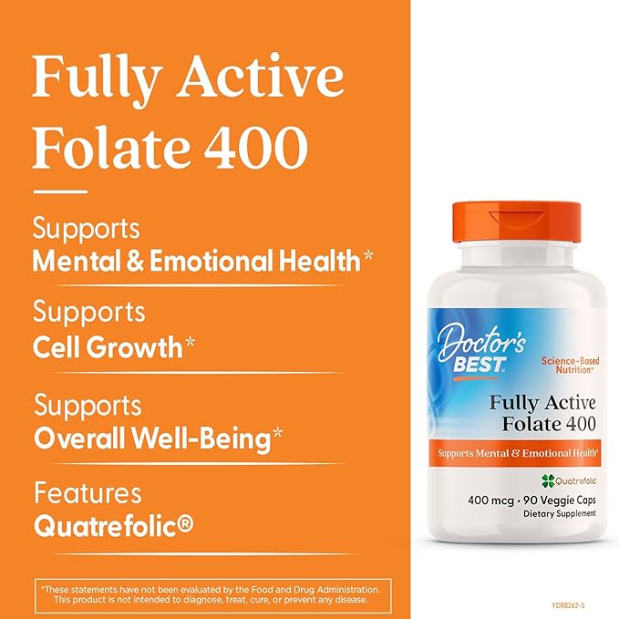 Doctor's Best Fully Active Folate with Quatrefolic400 mcg, Healthy Mood, Memory, Circulation, Well-Being, 90 VC