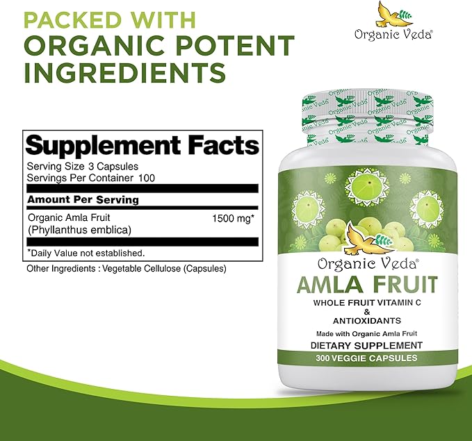 Organic Veda Amla Capsules - 1500mg, 300 Capsules Organic Whole Fruit Amla Powder - Natural Vitamin C for Immunity, Skin Radiance, Antioxidants - Vegan, Non GMO, Raw Vitamin C Supplements