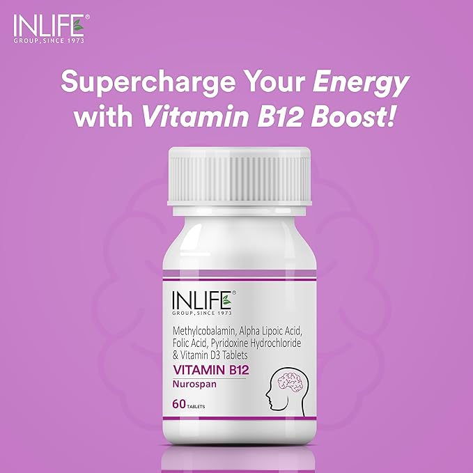 Nurospan Brain Vitamins B12 Methylcobalamin 1500mcg, ALA (Alpha Lipoic Acid), Folic Acid & Vitamin D3 for Energy | Vegetarian Brain Supplements for Memory and Focus | GMP Tested - (60 Count)