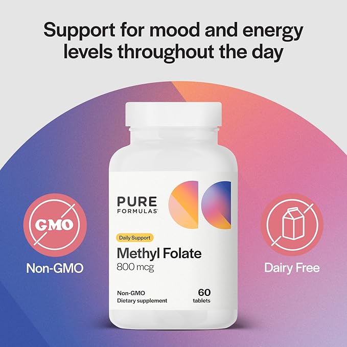 PureFormulas Methylfolate 800 mcg, Active B-9 Folate for Cardiovascular & Nerve Health, 5-mthf, Methyl Folate Supplement, Methylated Vitamins, Methylfolate Supplement for Women & Men 60 Tablets