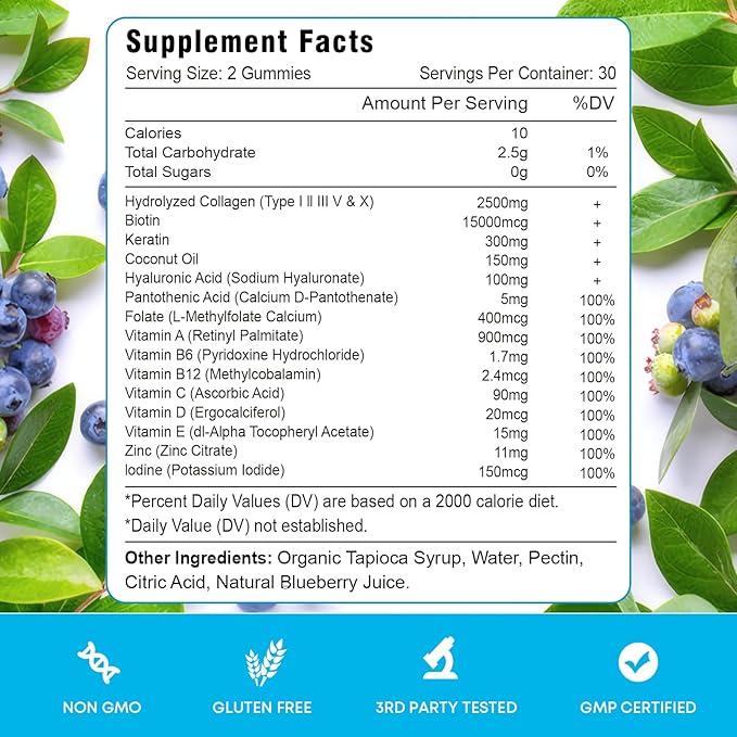 Biotin Gummies with Collagen & Keratin for Hair Skin Nails- Supports Hair Growth and Stronger Nails, Women Men, Kids - 60 Blueberry Flavored Gummies